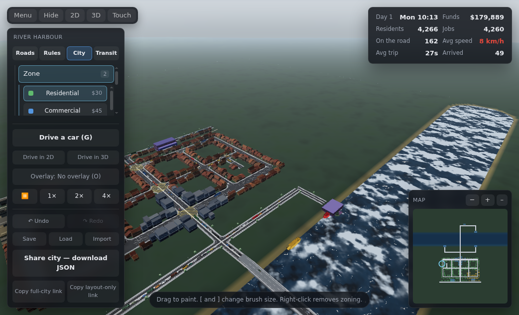 The build panel open over a river town, zoning tools on the left and a bridge crossing the water.
