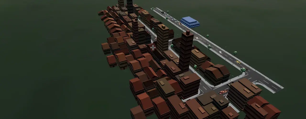 A 3D view over a grown town on empty land: packed houses, a few towers, cars on the road.